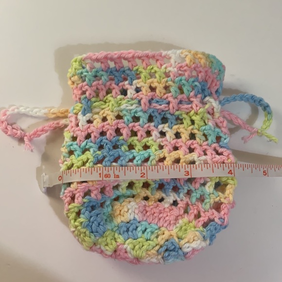 Crochet Draw String Bag Pink Blue Green White Cotton Thread - Picture 3 of 5